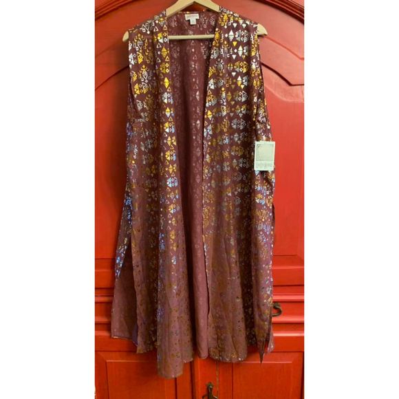 NWT LuLaRoe XL Joy Burgundy Metallic Gold Silver Lng Tunic Vest Dressy Brand NEW - Picture 1 of 3